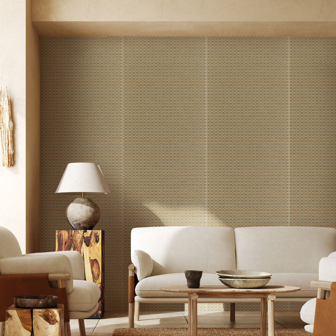 Modern living room with beige sofa, wooden coffee table, and decorative elements.