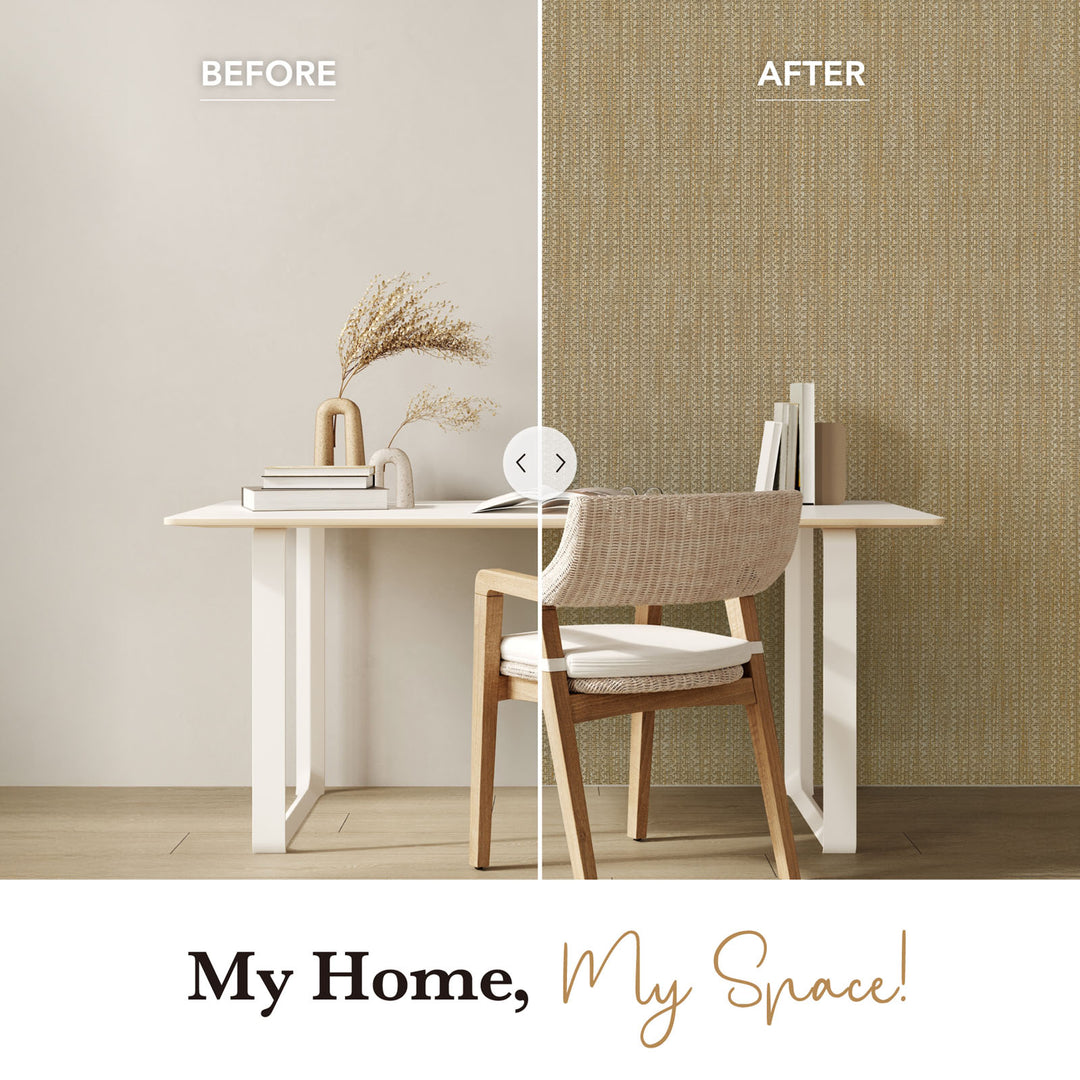 Side-by-side before and after comparison of a minimalist home office, showing a plain wall on the left and a woven textured “Velvet Bark” wallpaper on the right, enhancing the space with warmth and natural character.