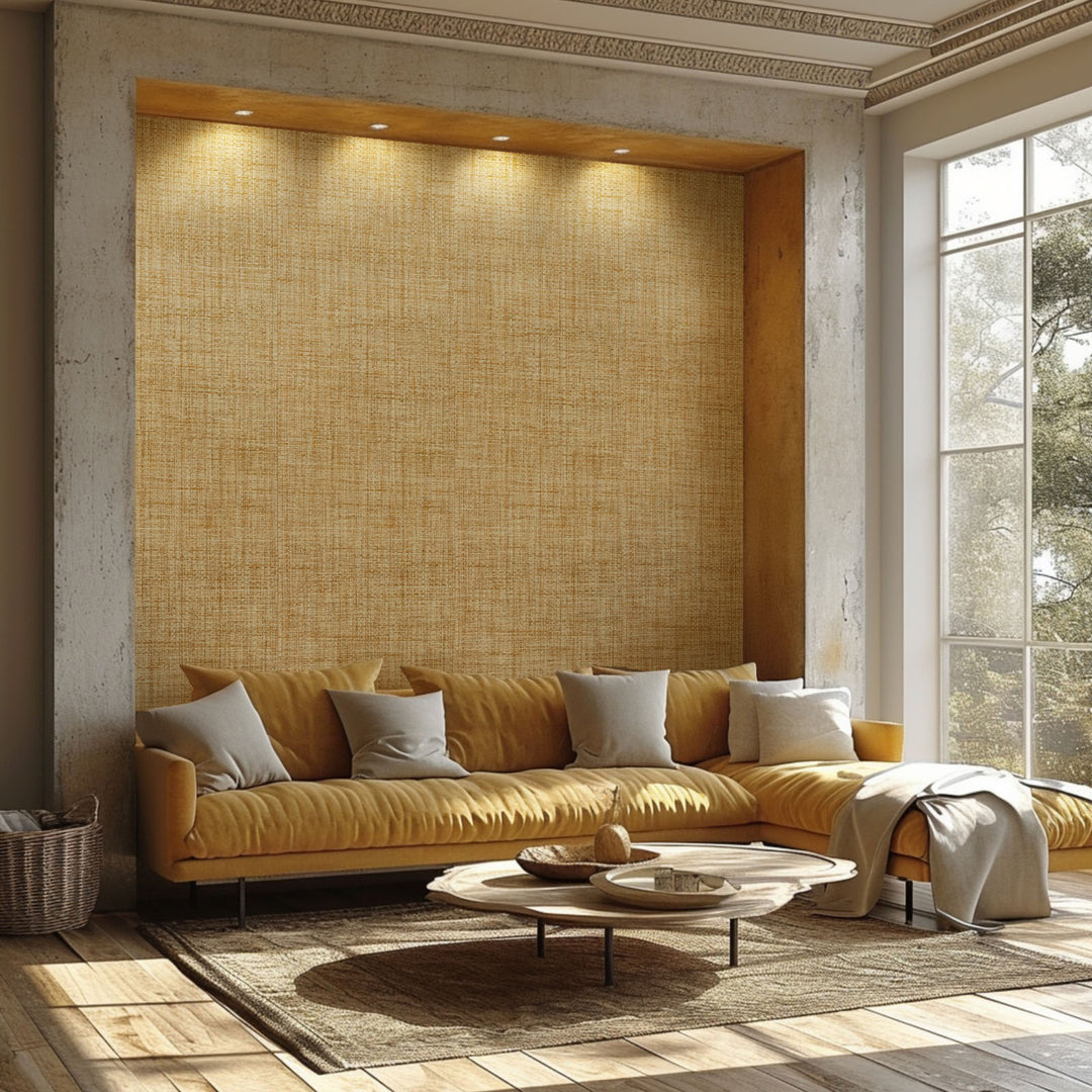 Modern living room with golden woven texture wallpaper, mustard yellow sectional sofa, neutral throw pillows, round wooden coffee table, and large window bringing in natural light.