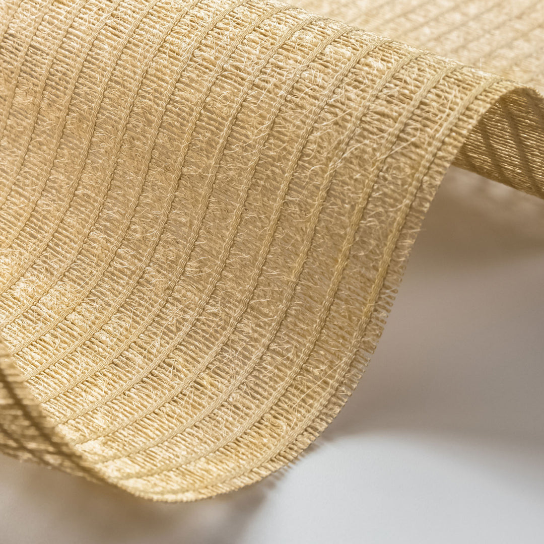 Close-up of a beige woven ribbon on a light background