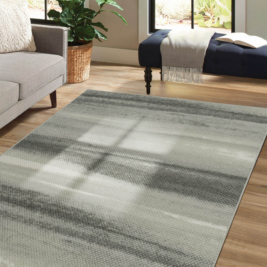 Living room with a gray striped rug, sofa, and plant