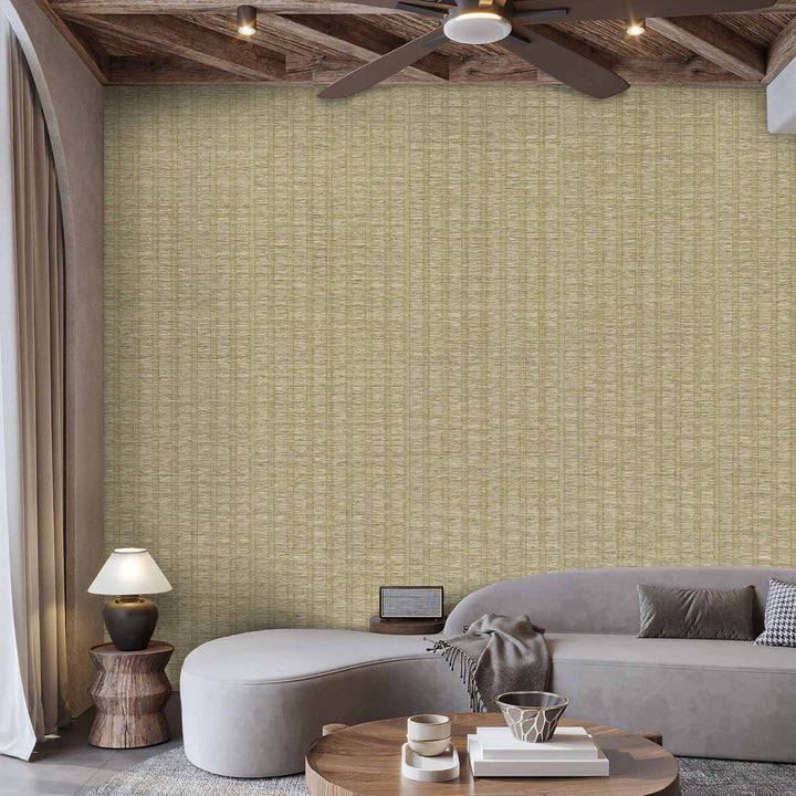 Modern living room with neutral-toned textured vertical stripe wallpaper, curved sofa, wooden coffee table, and rustic wood beam ceiling.