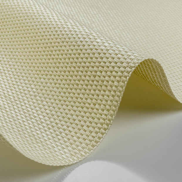 Close-up of light beige woven material with fine checkered texture and subtle sheen.