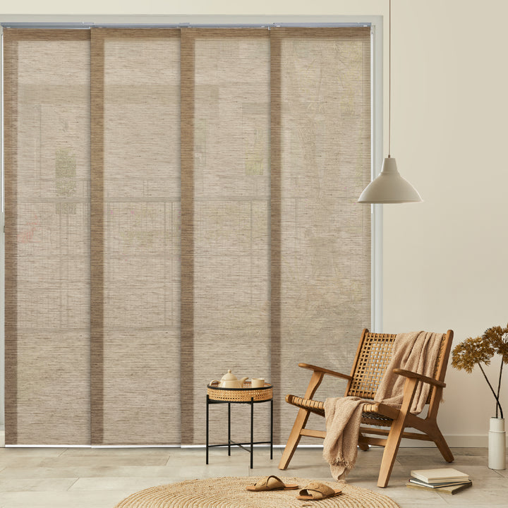 GoDear Design Adjustable Sliding Panels Earthy Series in Yoga Semi-Sheer Dense Weave Fabric on Living Room Wall with Chair, Blanket and Pendant Light