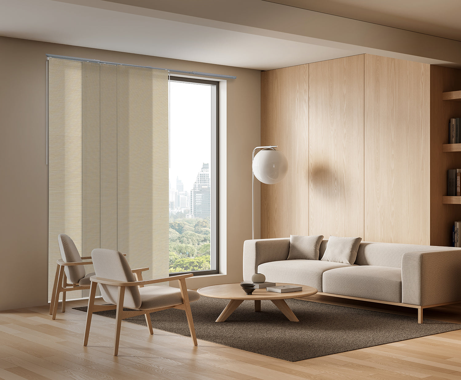 GoDear Design_Modern living room with beige sofa, armchair, and coffee table near a large window.