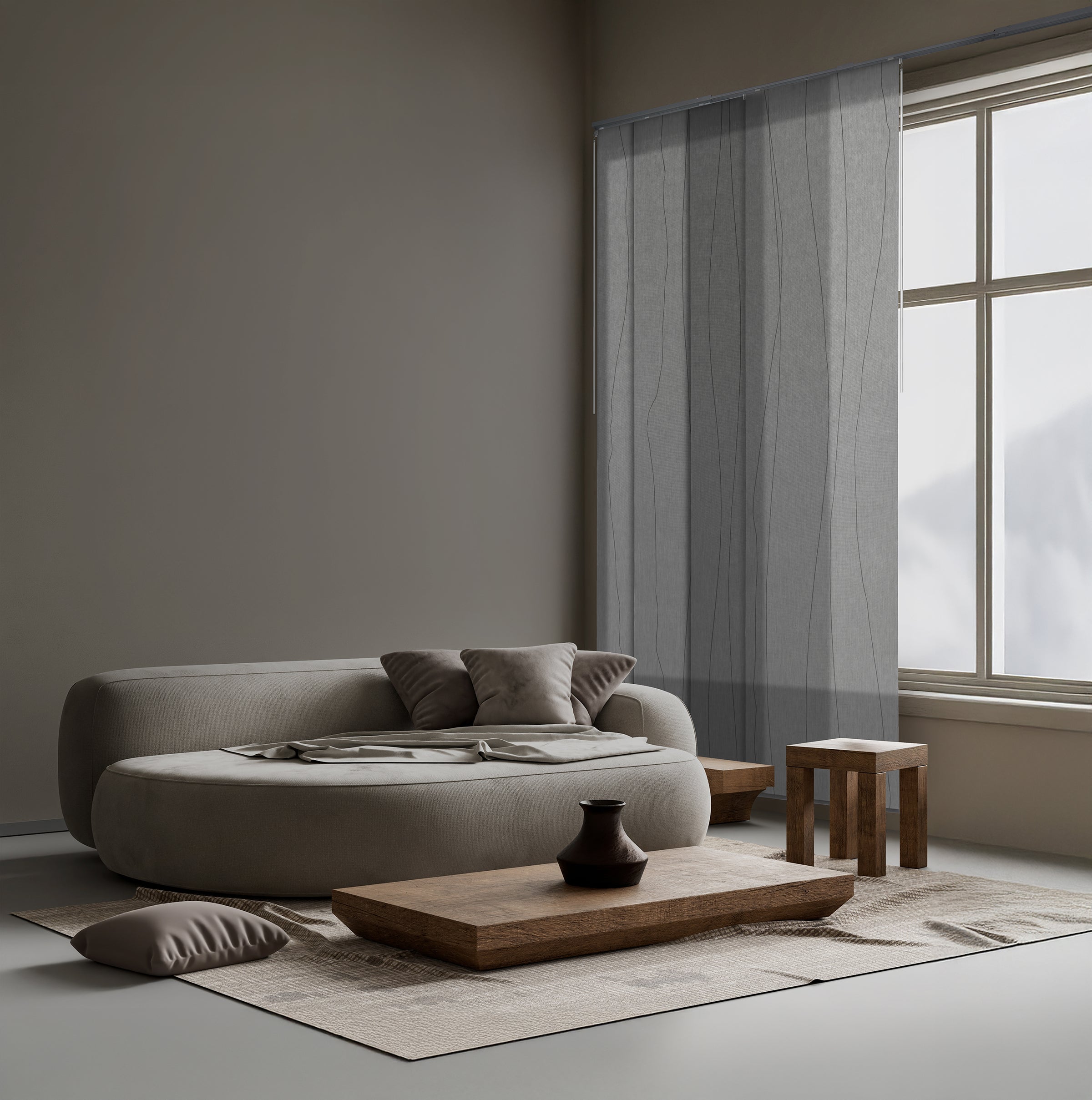 GoDear Design_Modern living room with a gray sofa, wooden coffee table, and large window.