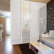 Modern living room with a glass partition, sofa, and coffee table.