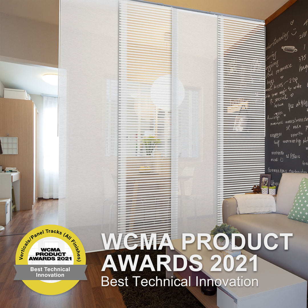 GoDear Design_Modern room with blinds and WCMA Product Awards 2021 logo