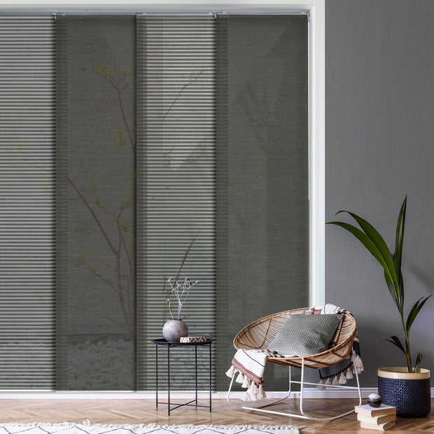 GoDear Design Modern interior with a chair, table, and plants against a gray wall.
