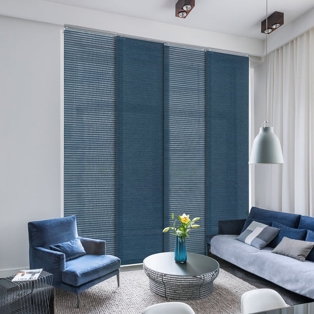 GoDear Design Modern living room with blue furniture and window blinds