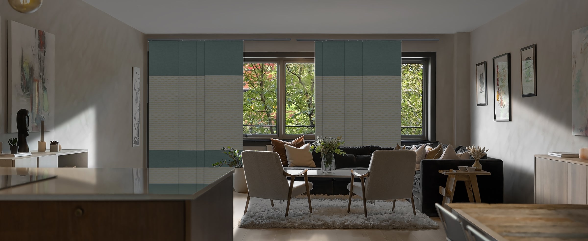 GoDear Design_Modern living room with a large window, furniture, and decor.