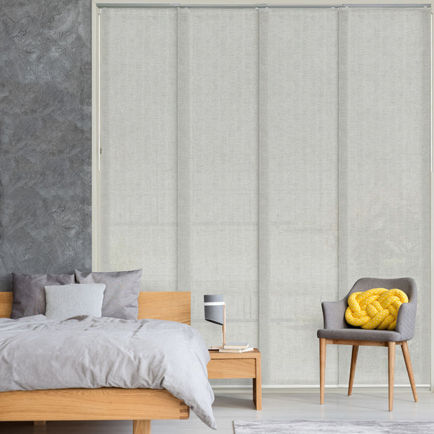 GoDear Design Bedroom with gray blinds covering a large window, wooden bed, and chair with yellow cushion.