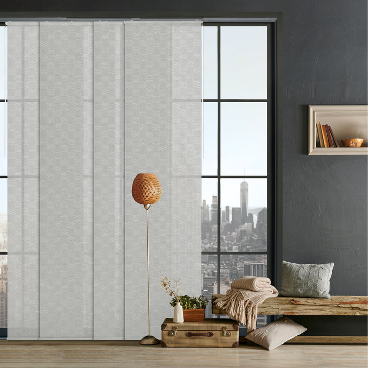 GoDear Design_Modern interior with a large window, gray wall, and wooden bench.