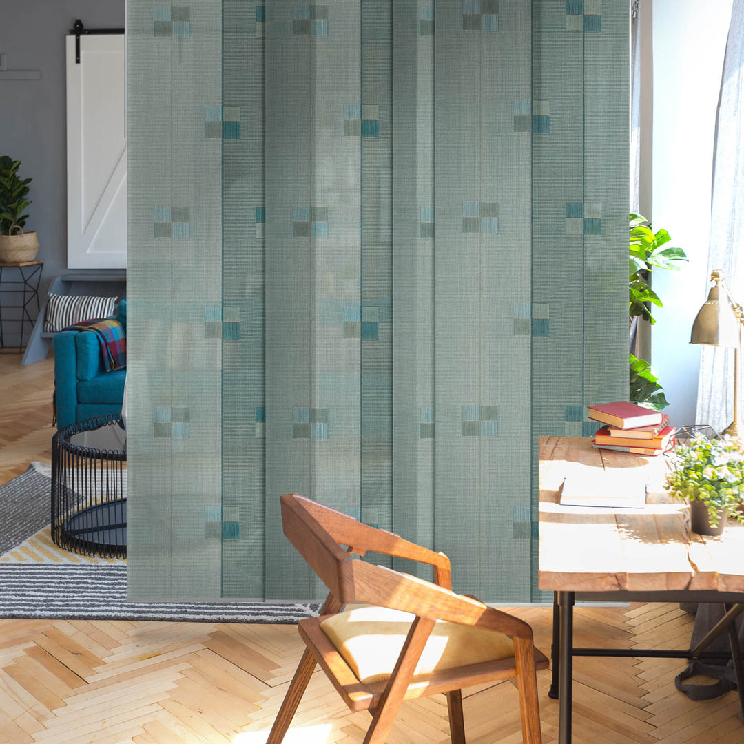 GoDear Room divider with geometric pattern in a living room setting