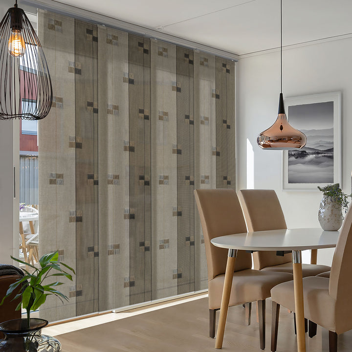 GoDear Design Dining room with patterned curtains, table, and chairs.