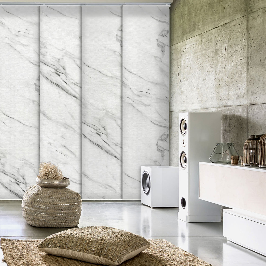 GoDear Design Modern interior design with marble-patterned sliding doors and decorative items.
