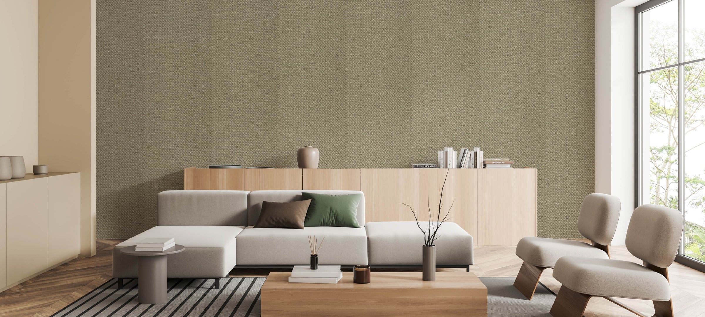 Contemporary living room with large sectional sofa, minimalist wooden coffee table, accent chairs, bookshelves, and textured wallpaper in earthy tones.