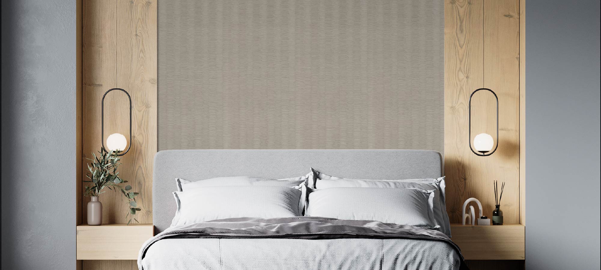 Contemporary bedroom with wooden wall panels, grey upholstered bed, soft neutral bedding, and minimalist bedside lighting for a cozy modern atmosphere.