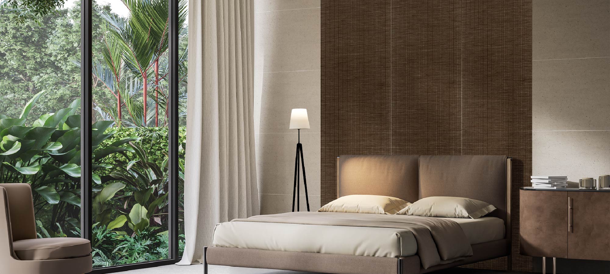 Modern bedroom with a bed, lamp, and large window showing greenery outside.