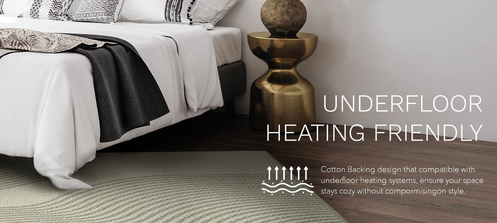 Bedroom with underfloor heating friendly carpet, featuring a bed and side table.