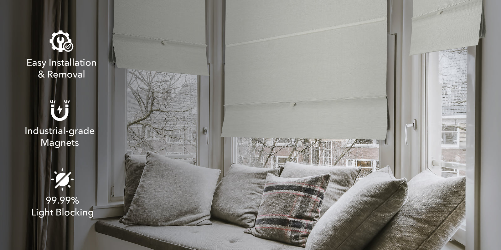 Window with Roman shades, cushions on a sofa, and text highlighting features.