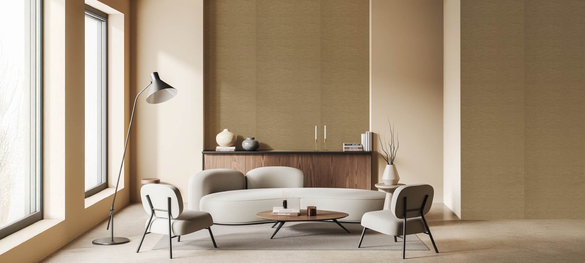 Modern living room with floor-to-ceiling beige panel blinds, minimalist cream sofa set, round wooden coffee table, and soft neutral décor in warm natural light.