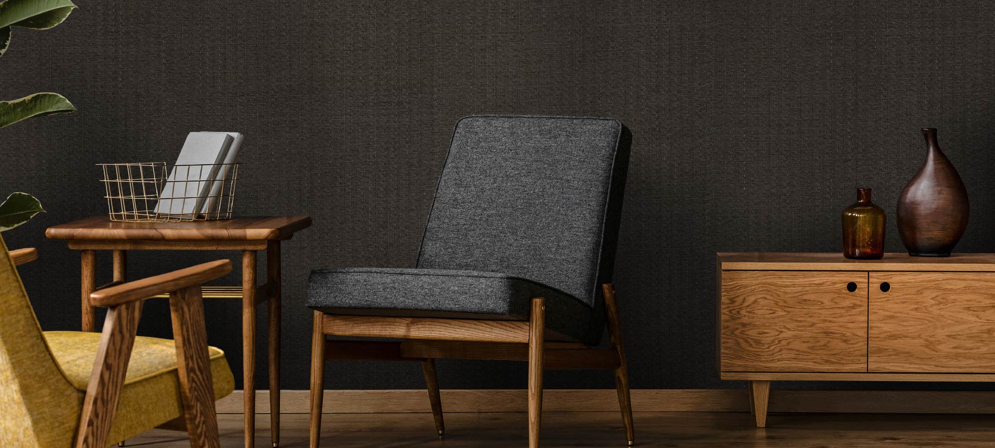 Stylish living room corner with dark textured wallpaper, wooden console, and modern armchair.