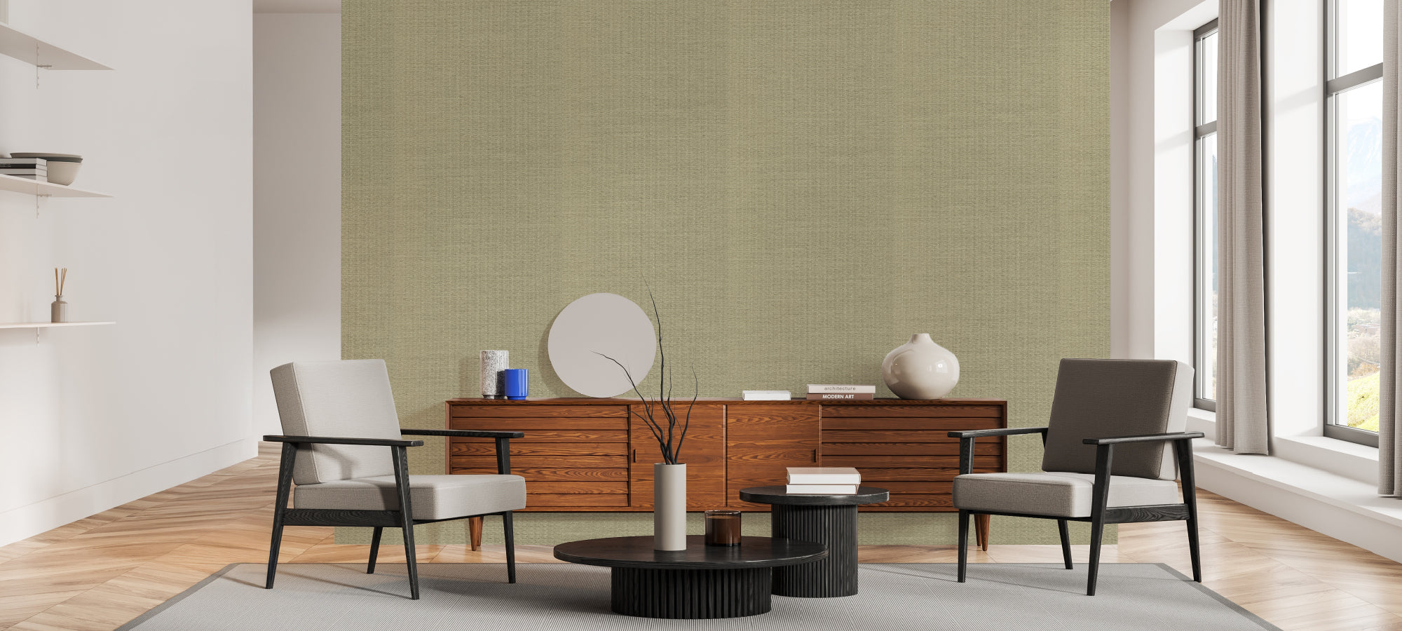 Scandinavian-inspired lounge with natural wood furniture and cozy seating area.