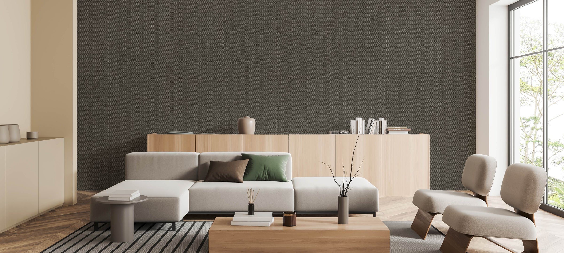 Modern living room with dark textured accent wall and minimalist sofa set.