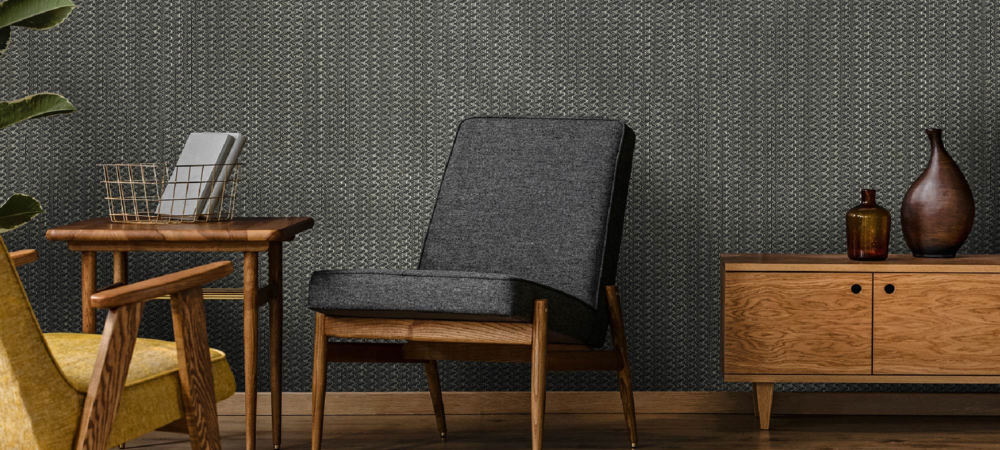 Modern living room with textured accent wall and wooden sideboard.