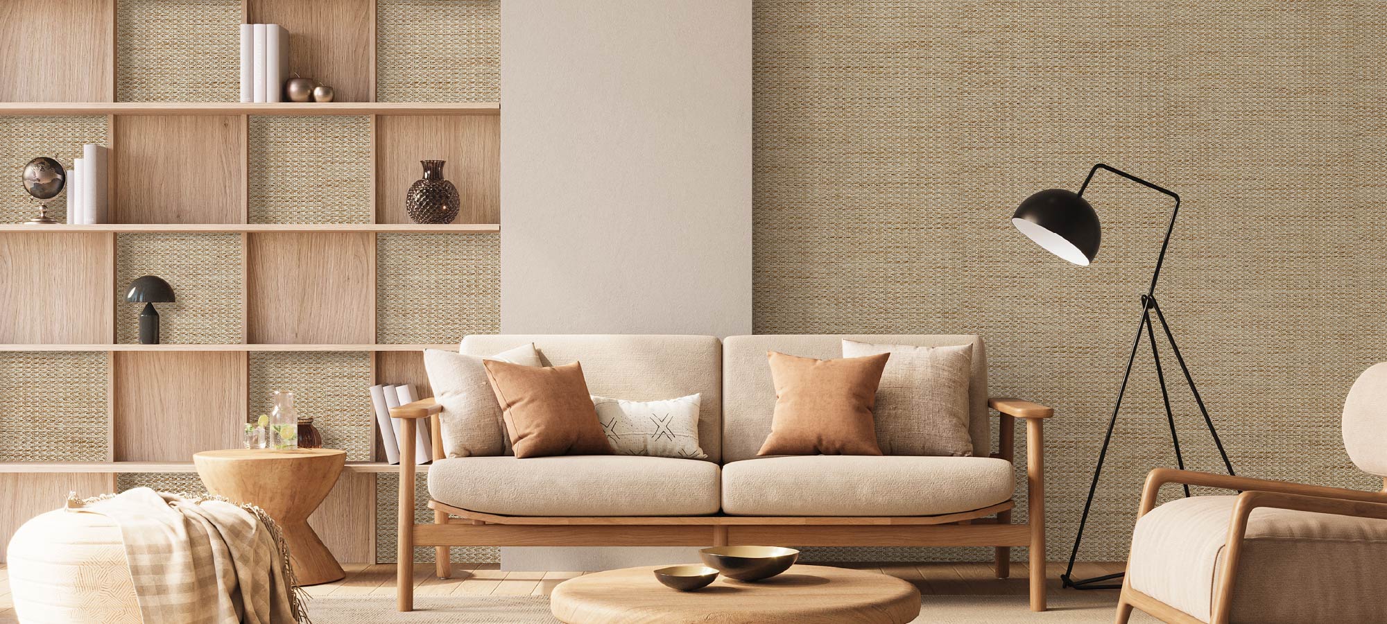 Minimalist living room with beige sofa, wooden coffee table, woven textured accent wall, open shelving with decor items, and a modern floor lamp.