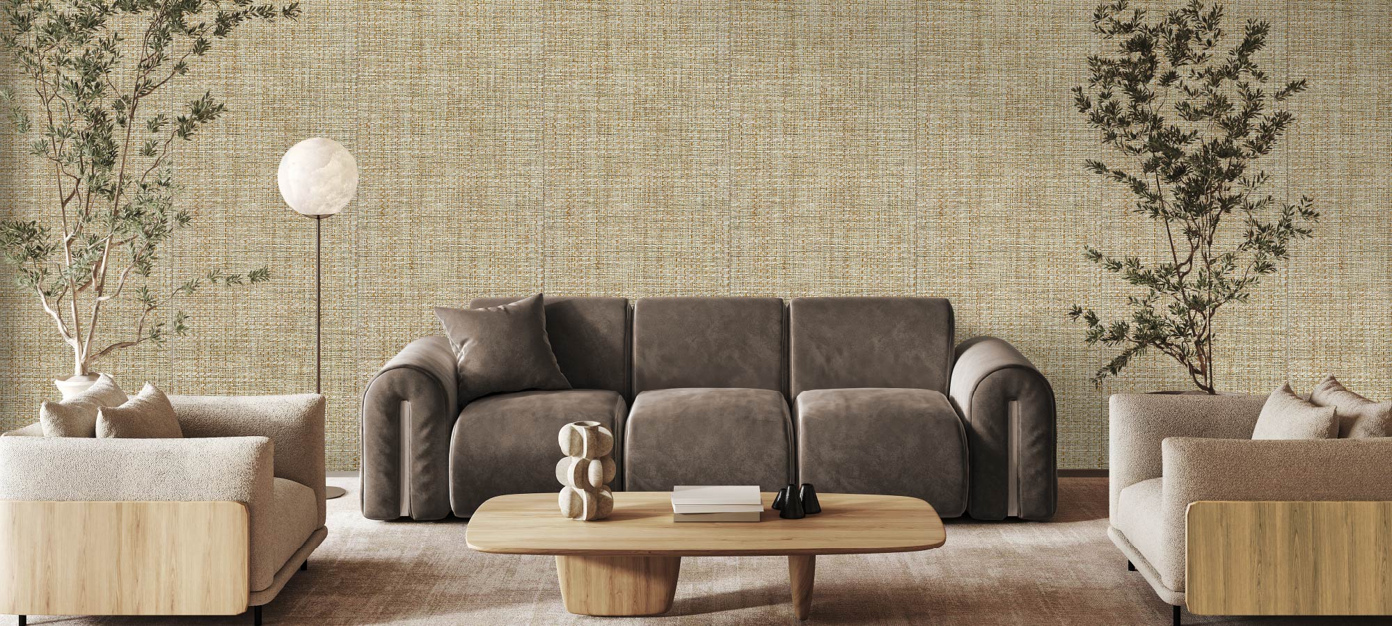 Modern living room with textured woven wall, minimalist wooden coffee table, plush neutral sofas, and indoor plants creating a calming atmosphere.