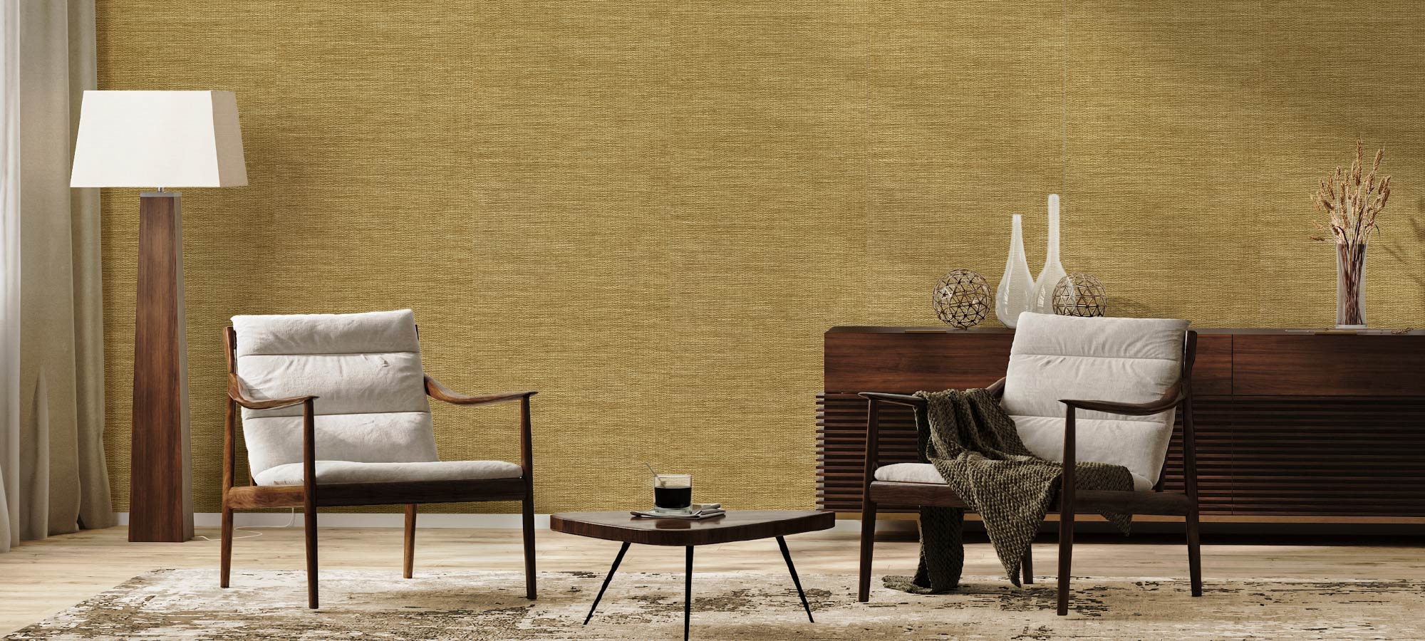 Mid-century modern living room with woven textured accent wall, cushioned armchairs, wooden sideboard, and minimalist floor lamp.