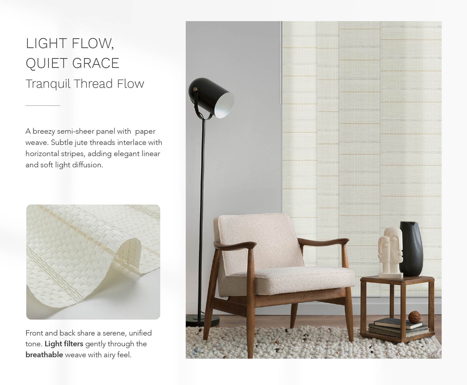 Light-filtering semi-sheer panel blinds with paper and jute weave, featuring horizontal stripes in warm neutral tones, installed behind a mid-century modern armchair in a cozy reading corner.