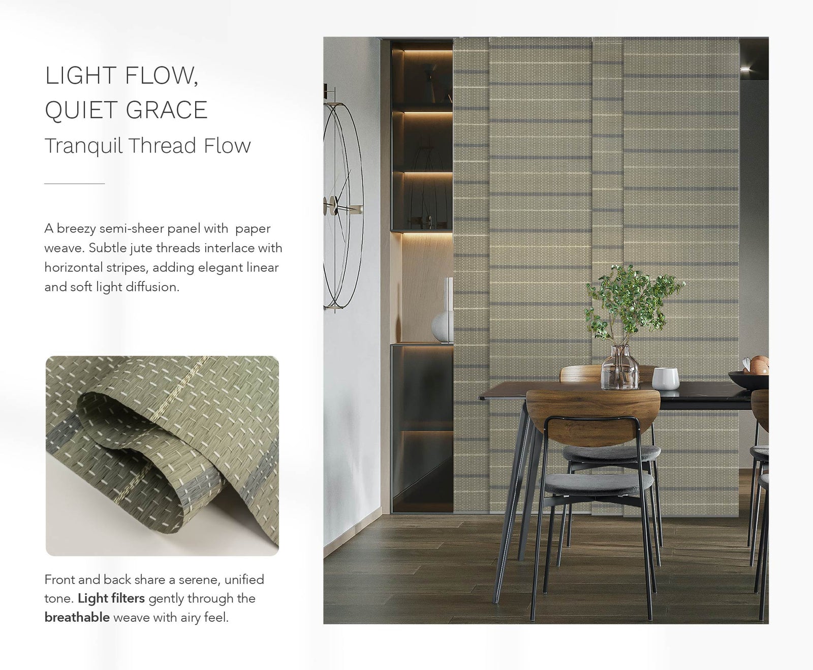 Neutral tone woven panel track blinds with breathable texture filtering sunlight in a modern dining space, featuring softly striped blackout fabric for light control and serene aesthetics.