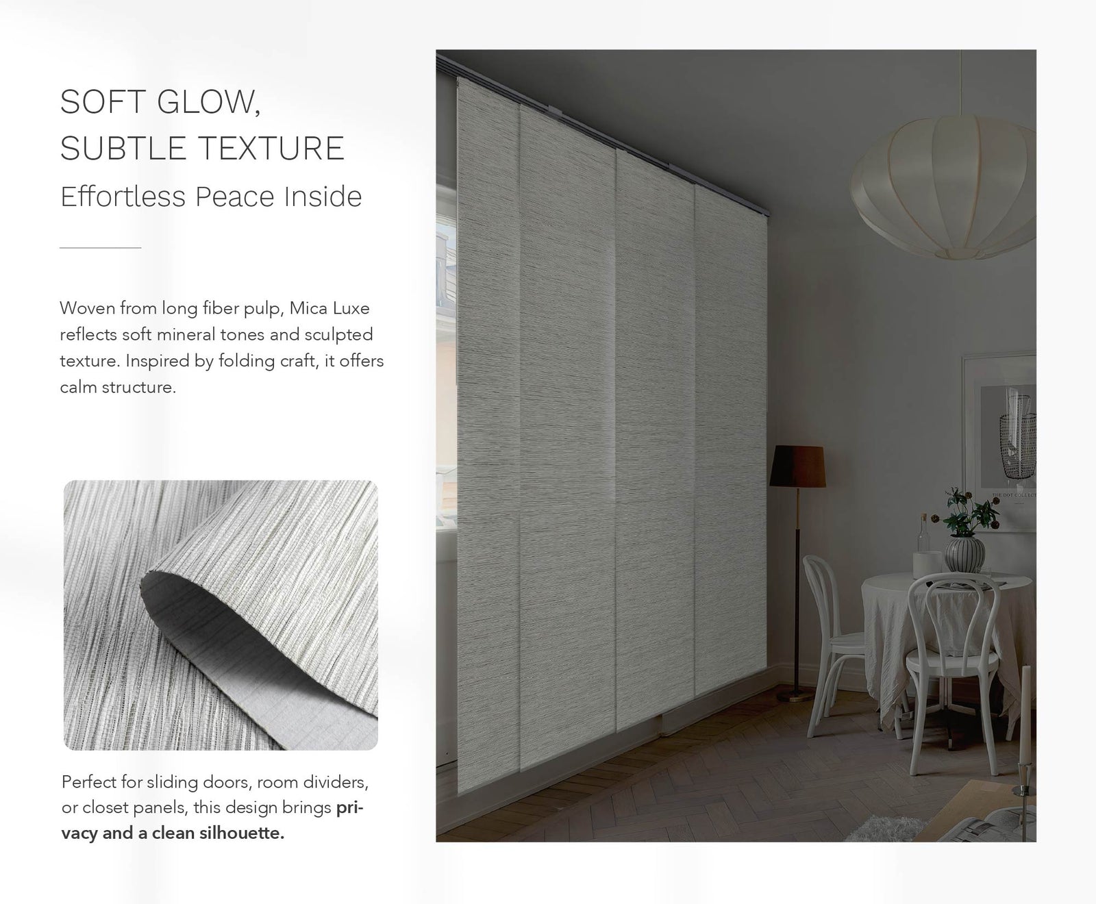 Blackout textured sliding door panels in a room with a dining table and chairs.