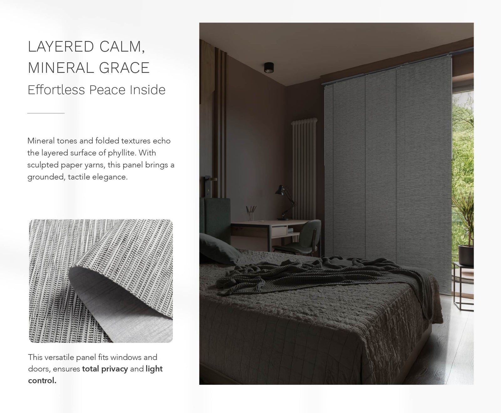 Modern bedroom with a textured wall panel and text describing its features.