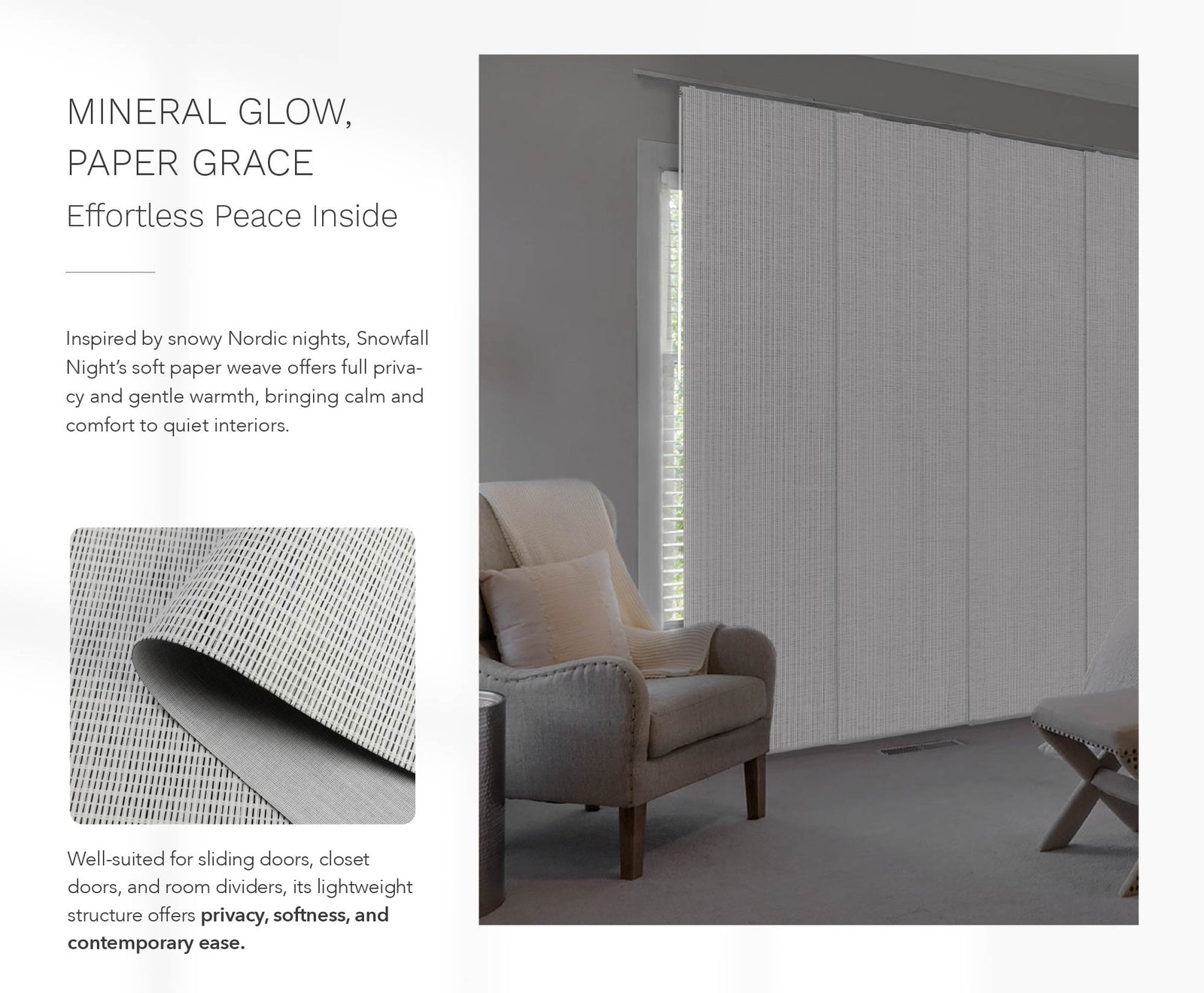 Cozy corner with a beige lounge chair, soft cushions, and floor-length light-filtering panels gently diffusing daylight in a serene, modern interior.