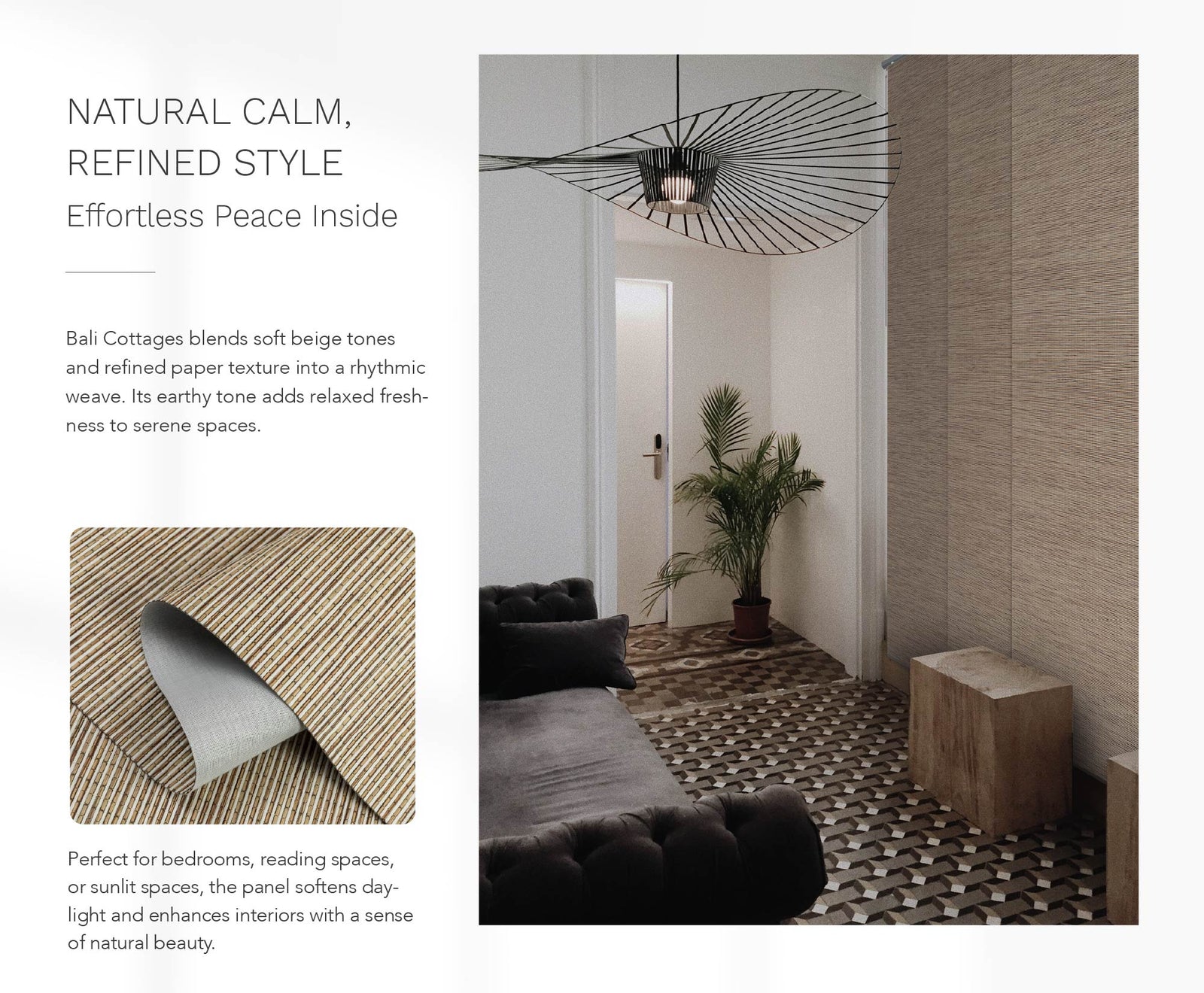 Textured beige panel blinds in a cozy hallway with patterned tile flooring, a dark velvet sofa, a potted palm, and a sculptural ceiling light fixture.