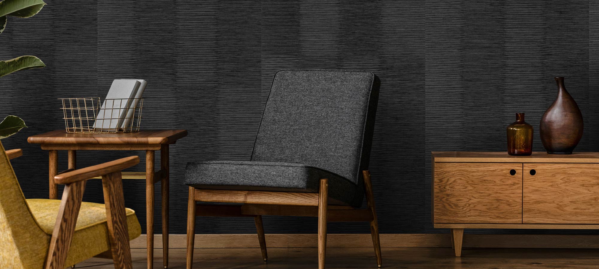 Modern reading corner with dark textured wall, wooden armchair with gray cushion, yellow accent chair, wooden sideboard, and decorative vases.