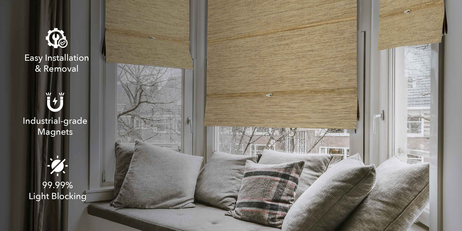 Ocher blackout Roman shades with magnetic installation, industrial-grade magnets and 99.99% light blocking, modern cozy window seating area.