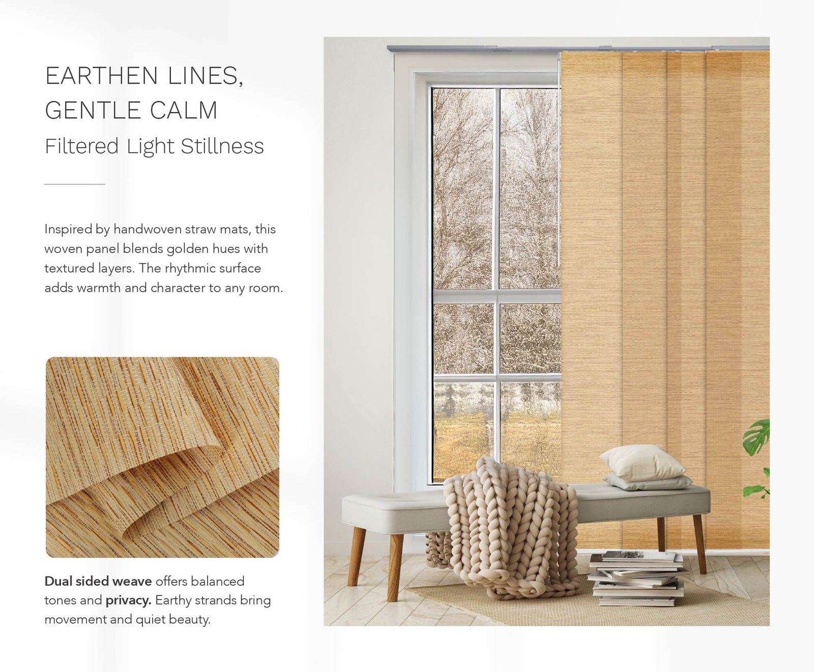 Twist Roll panel blinds in a golden straw texture softly diffuse natural light in a cozy sunroom with bench seating and a chunky knit blanket.