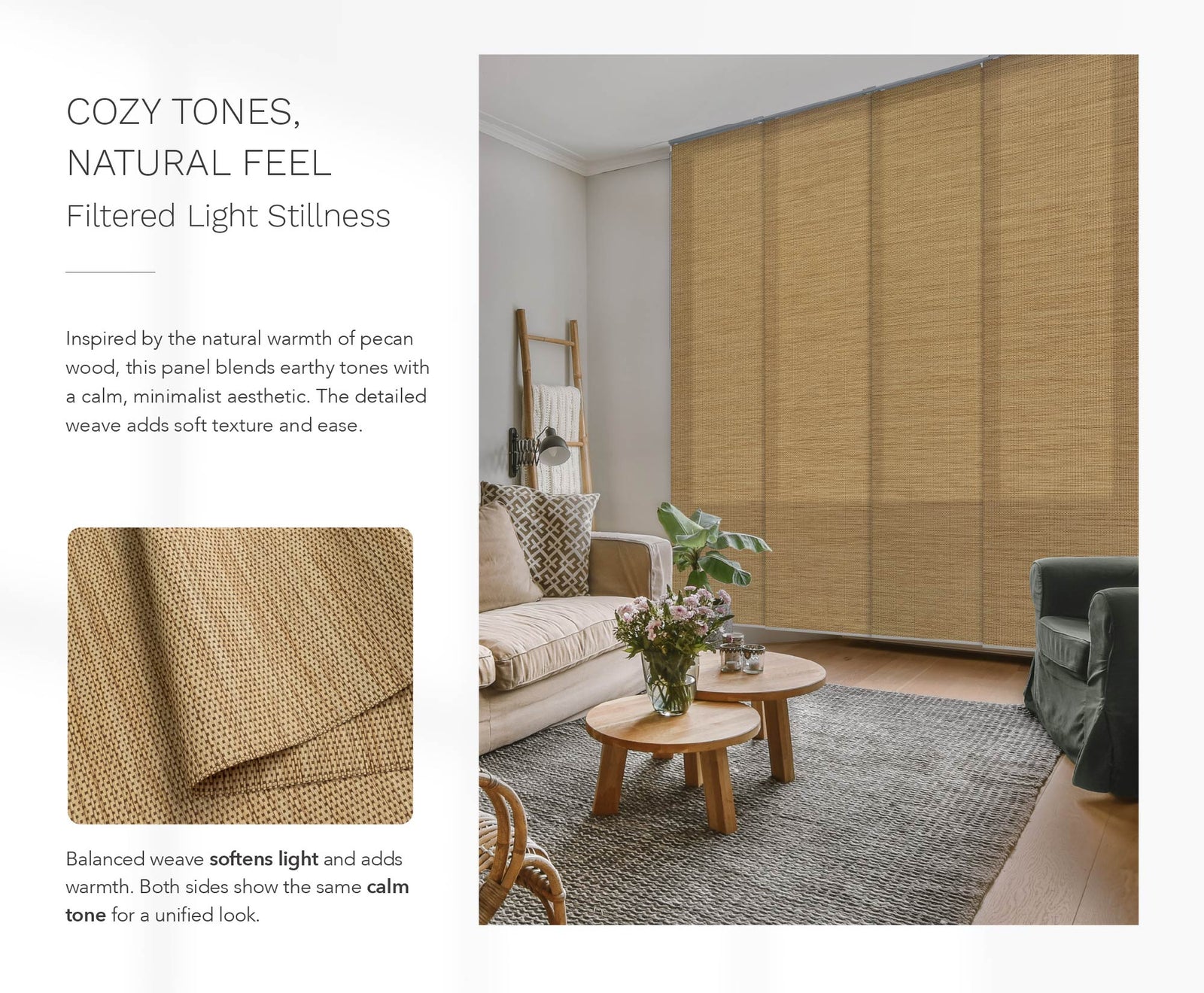 Pecan light-filtering panel blinds in a cozy, minimal living room with soft natural light, wooden furniture, and green accents.