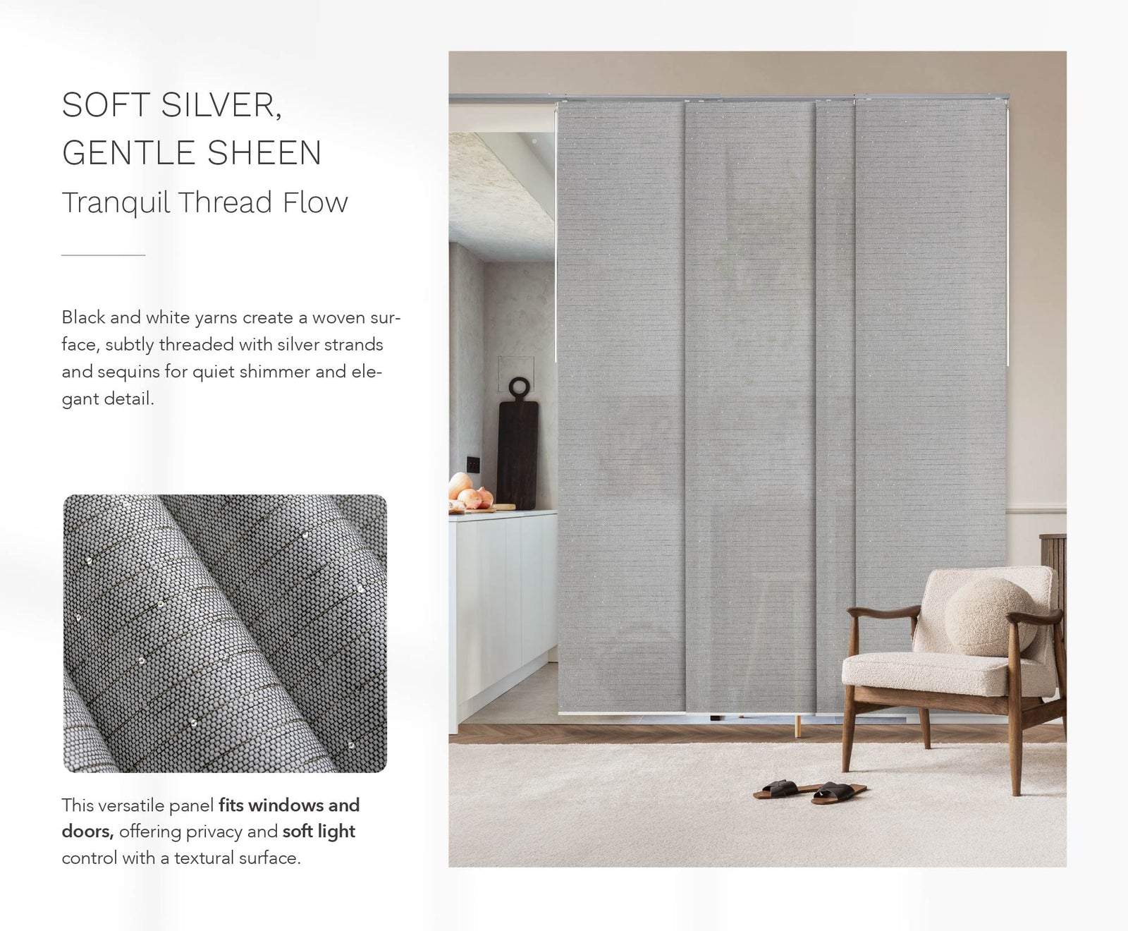 Diamond Silver panel blinds with a soft shimmer filter light in a neutral-toned living room. The silver-textured panels pair with a cream armchair and beige carpet, creating a serene and modern ambiance.