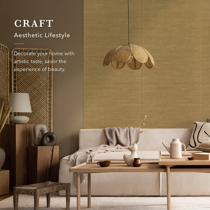 Living room with a woven pendant light, sofa, and decorative items.