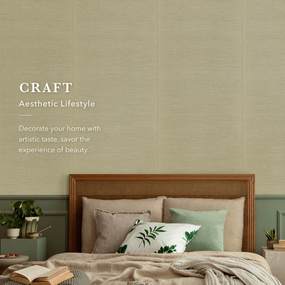 Bedroom with wooden headboard and decorative pillows on a textured wall background