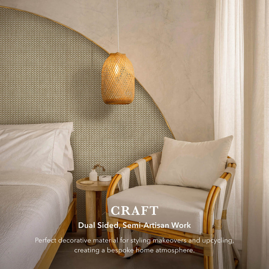 Modern bedroom with a bed, chair, and hanging lamp, featuring the brand 'CRAFT'.