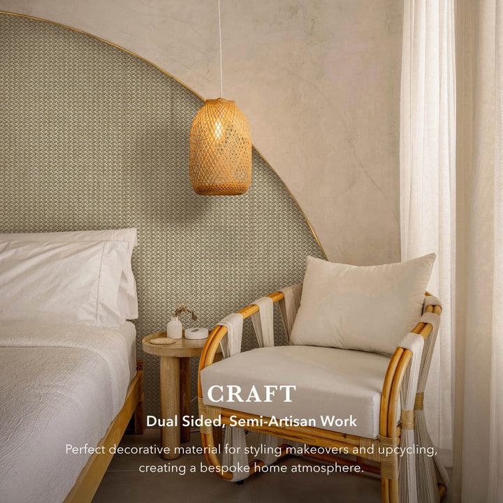 Modern bedroom with a bed, chair, and hanging lamp, featuring the brand 'CRAFT'.