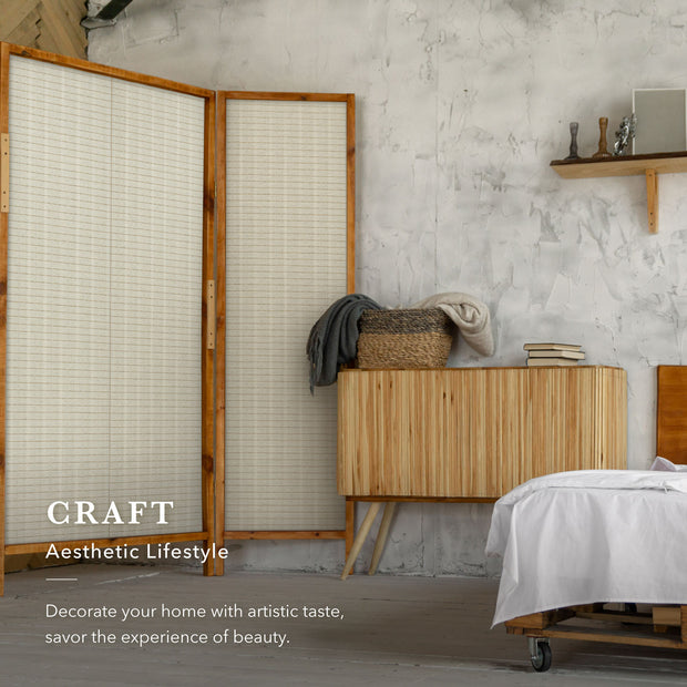 Room divider with woven design in a modern bedroom setting, featuring text 'CRAFT Aesthetic Lifestyle'.