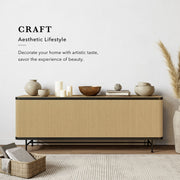 Modern console table with decorative items against a white wall, featuring the brand 'Craft Aesthetic Lifestyle'.